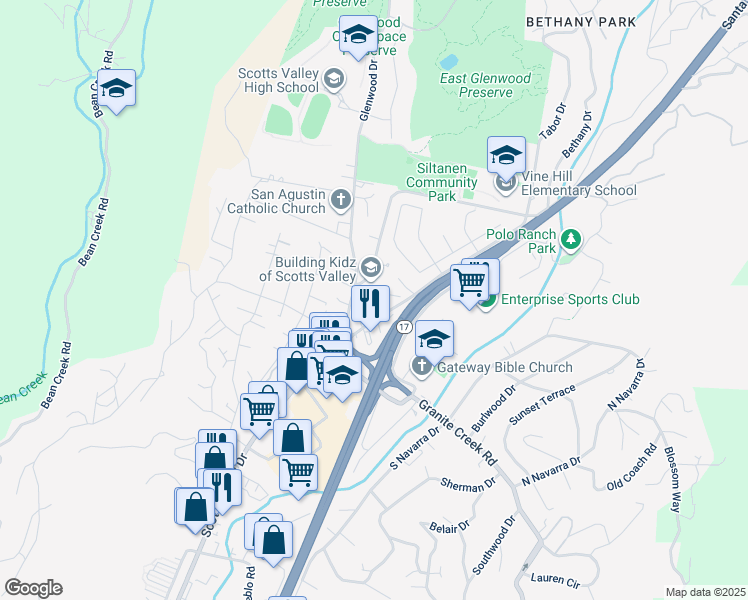 map of restaurants, bars, coffee shops, grocery stores, and more near 6011 Scotts Valley Drive in Scotts Valley