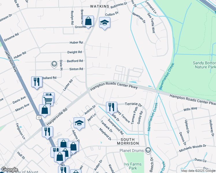 map of restaurants, bars, coffee shops, grocery stores, and more near 820 Roberto Drive in Newport News