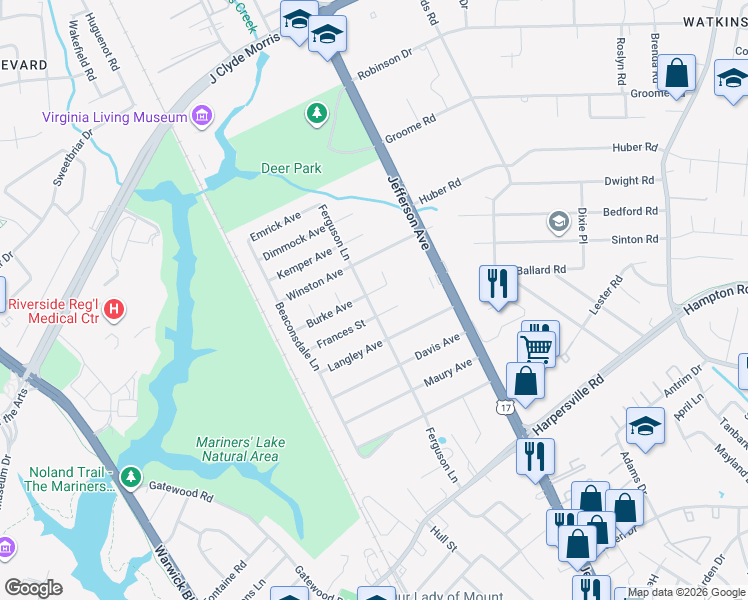 map of restaurants, bars, coffee shops, grocery stores, and more near 23 Frances Street in Newport News