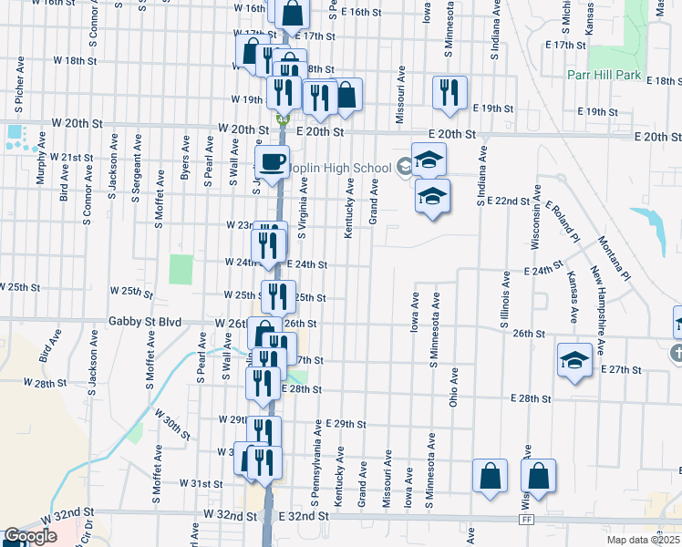 map of restaurants, bars, coffee shops, grocery stores, and more near 2427 Pennsylvania Ave in Joplin