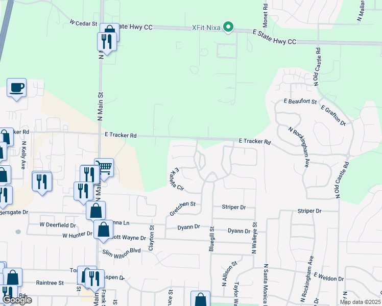 map of restaurants, bars, coffee shops, grocery stores, and more near 564 East Katella Circle in Nixa