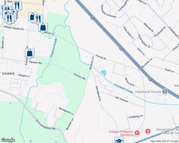 map of restaurants, bars, coffee shops, grocery stores, and more near 5600 Buckner Lane in Paducah