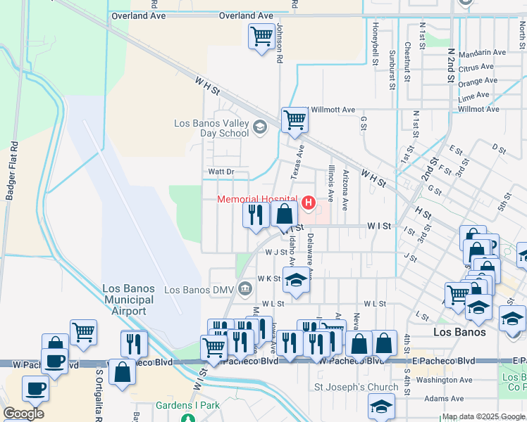 map of restaurants, bars, coffee shops, grocery stores, and more near 822 Maryland Avenue in Los Banos