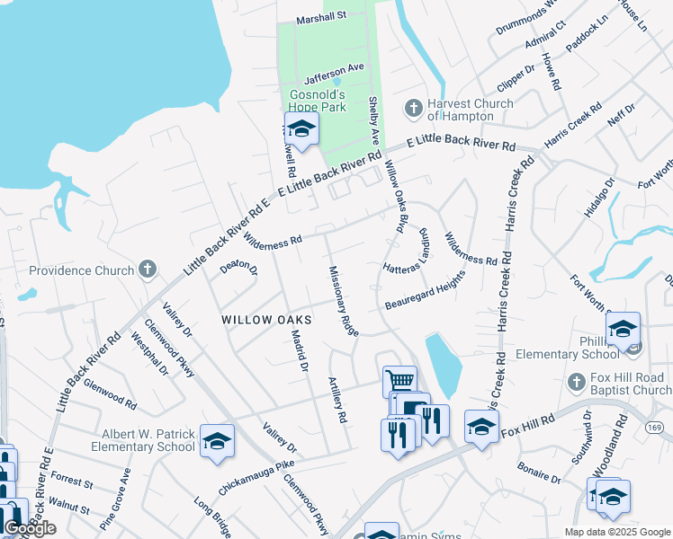 map of restaurants, bars, coffee shops, grocery stores, and more near 3 Kempers Charge in Hampton