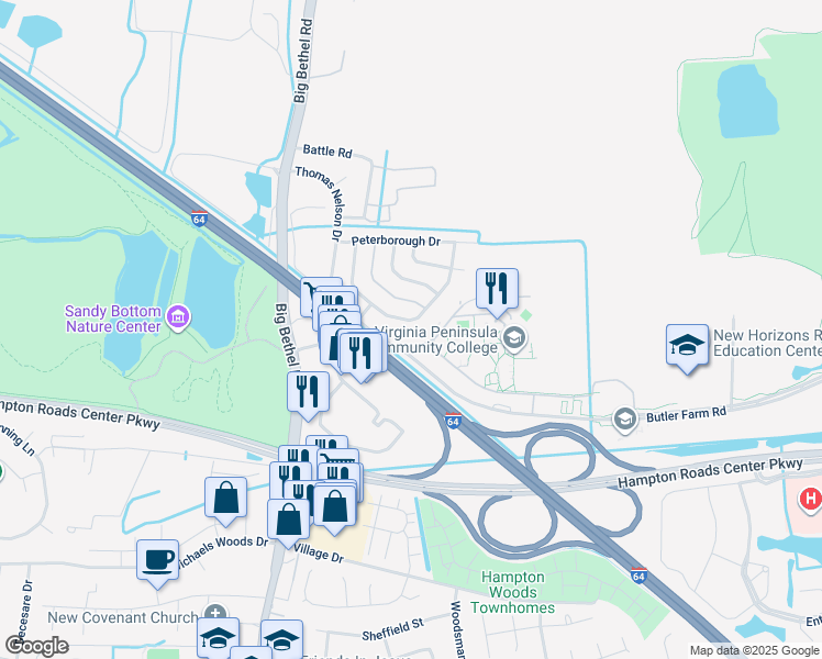 map of restaurants, bars, coffee shops, grocery stores, and more near Hastings Drive in Hampton