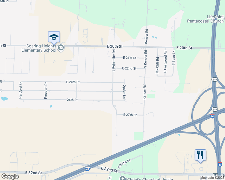 map of restaurants, bars, coffee shops, grocery stores, and more near 2611 South Reinmiller Road in Joplin