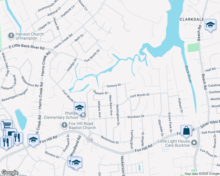 map of restaurants, bars, coffee shops, grocery stores, and more near 430 Durham Street in Hampton