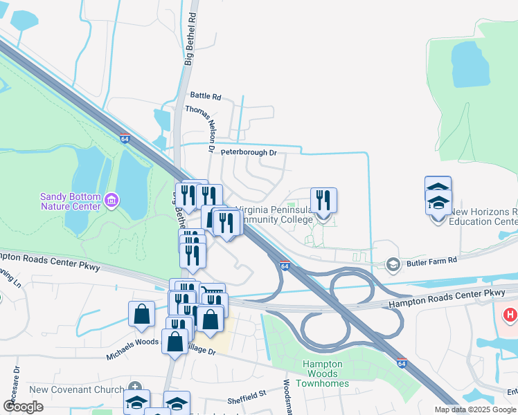 map of restaurants, bars, coffee shops, grocery stores, and more near Hastings Drive in Hampton