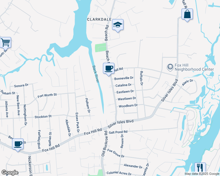 map of restaurants, bars, coffee shops, grocery stores, and more near 61 Beach Road in Hampton