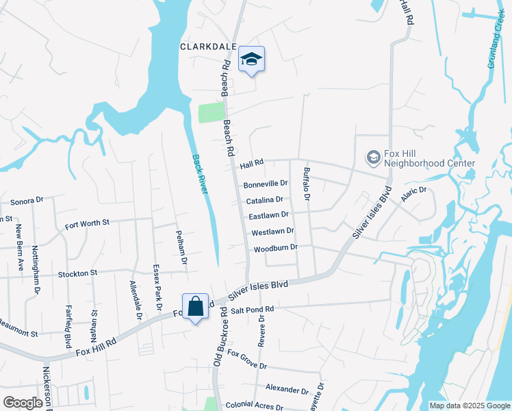 map of restaurants, bars, coffee shops, grocery stores, and more near 8 Catalina Drive in Hampton