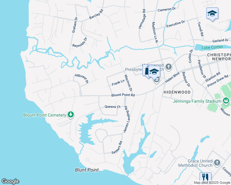 map of restaurants, bars, coffee shops, grocery stores, and more near 512 Blount Point Road in Newport News