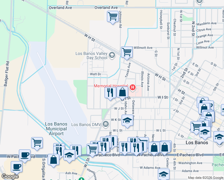 map of restaurants, bars, coffee shops, grocery stores, and more near 748 Pine Street in Los Banos