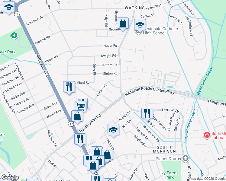 map of restaurants, bars, coffee shops, grocery stores, and more near 113 Cardinal Lane in Newport News