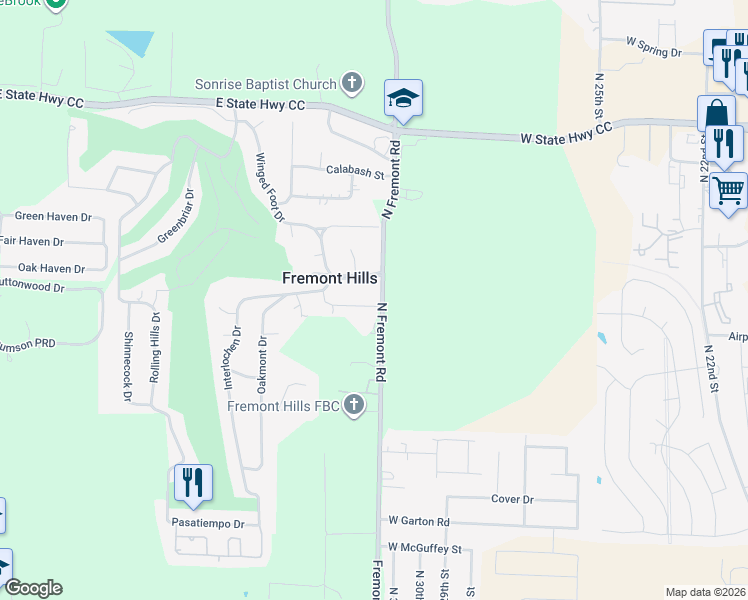 map of restaurants, bars, coffee shops, grocery stores, and more near 1910 Fremont Hills Drive in Nixa