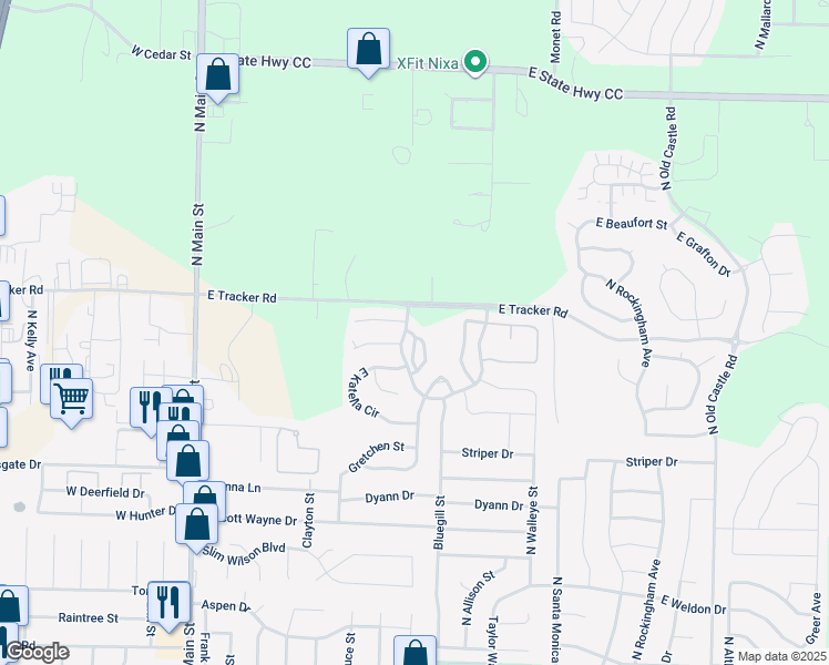 map of restaurants, bars, coffee shops, grocery stores, and more near 492-566 East Tracker Road in Nixa