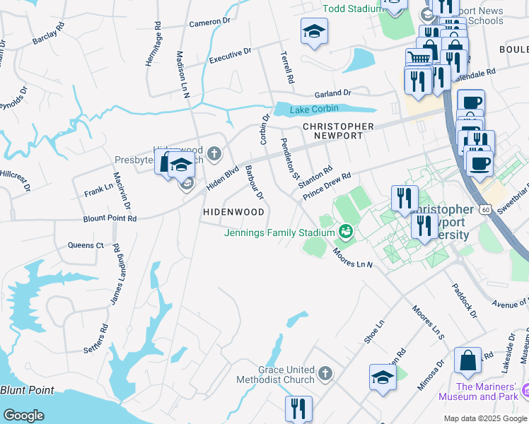 map of restaurants, bars, coffee shops, grocery stores, and more near 18 Barbour Drive in Newport News