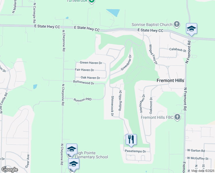 map of restaurants, bars, coffee shops, grocery stores, and more near 4801 Rolling Hills Drive in Nixa