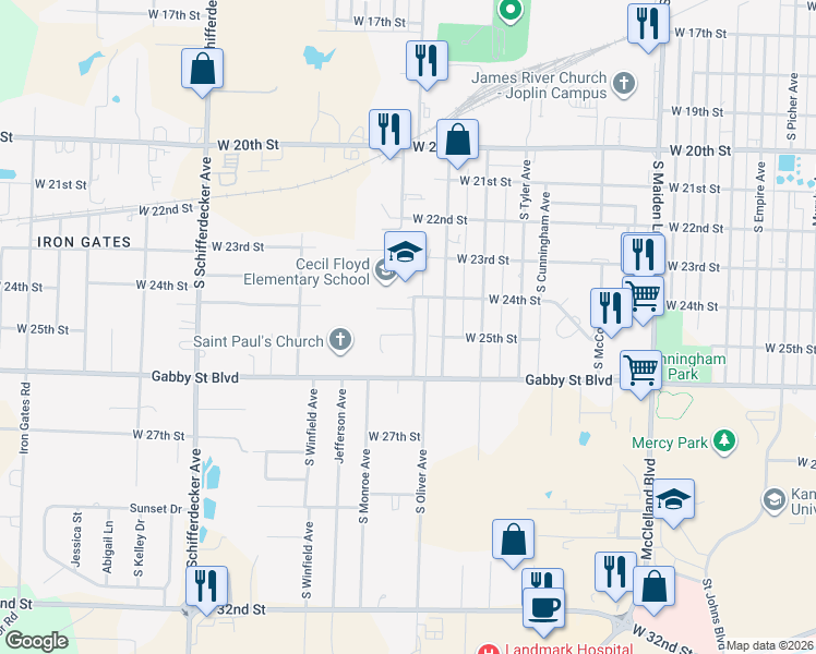 map of restaurants, bars, coffee shops, grocery stores, and more near 2301-2399 W 24th St in Joplin