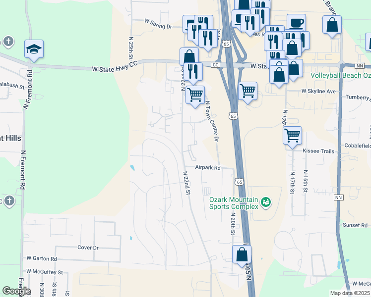 map of restaurants, bars, coffee shops, grocery stores, and more near 4700 North 22nd Street in Ozark