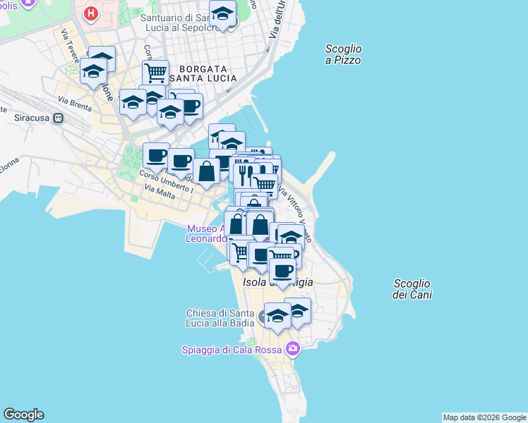 map of restaurants, bars, coffee shops, grocery stores, and more near 3 Via Guglielmo Perno in Siracusa