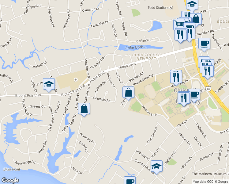 map of restaurants, bars, coffee shops, grocery stores, and more near 18 Barbour Drive in Newport News