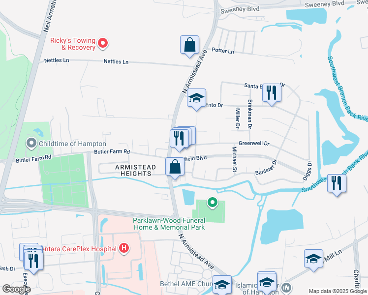 map of restaurants, bars, coffee shops, grocery stores, and more near 53 Carmine Place in Hampton