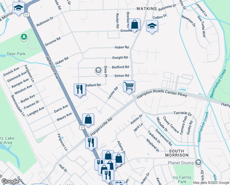 map of restaurants, bars, coffee shops, grocery stores, and more near 496 Lester Road in Newport News