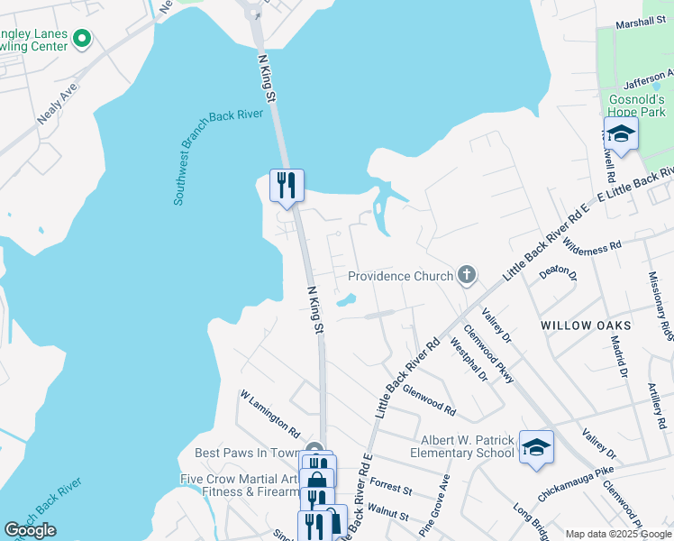 map of restaurants, bars, coffee shops, grocery stores, and more near 101 Hampstead Court in Hampton