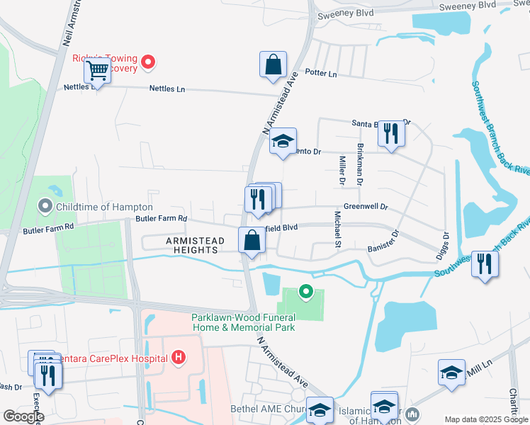map of restaurants, bars, coffee shops, grocery stores, and more near 53 Carmine Place in Hampton