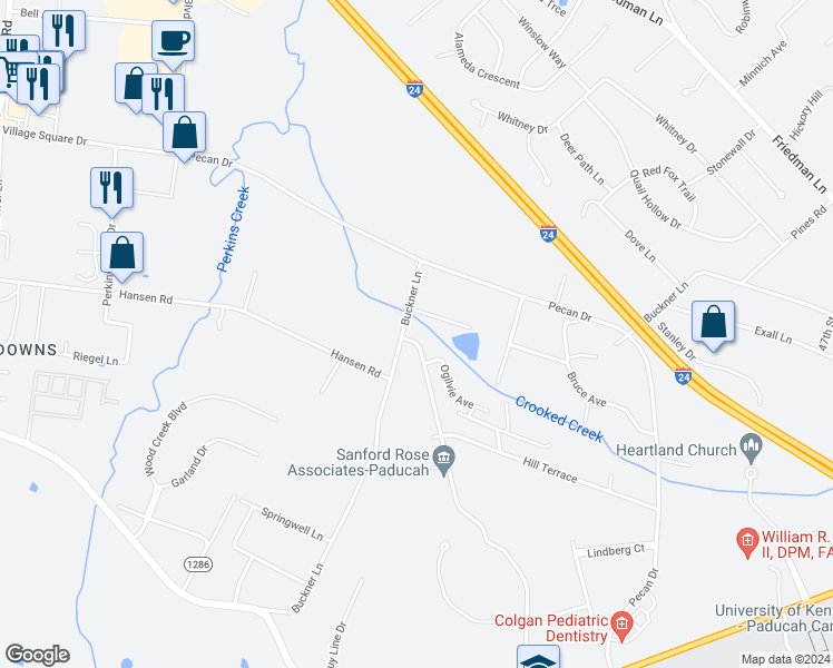 map of restaurants, bars, coffee shops, grocery stores, and more near 702 Oakcrest Drive in Paducah