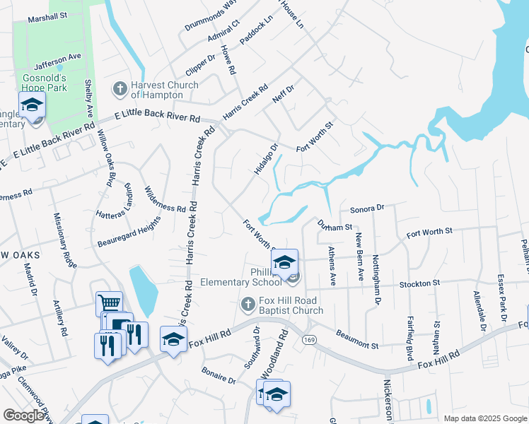 map of restaurants, bars, coffee shops, grocery stores, and more near 119 Alamo Court in Hampton