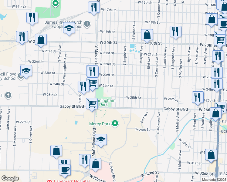 map of restaurants, bars, coffee shops, grocery stores, and more near 1419 W 24th St in Joplin