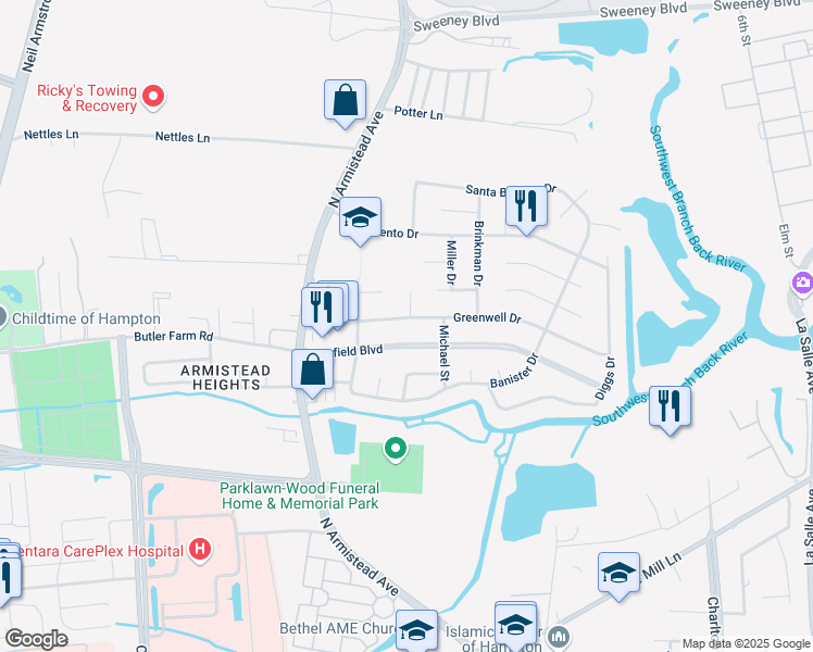 map of restaurants, bars, coffee shops, grocery stores, and more near 112 Glascock Court in Hampton