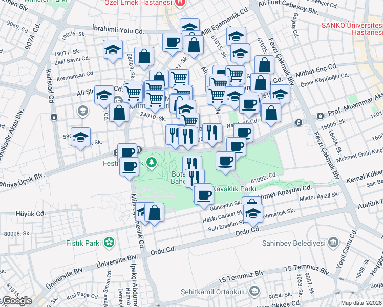 map of restaurants, bars, coffee shops, grocery stores, and more near 27 Zübeyde Hanım Bulvarı in Şehitkamil