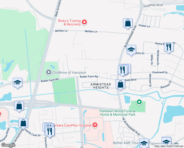 map of restaurants, bars, coffee shops, grocery stores, and more near 115 Watts Drive in Hampton