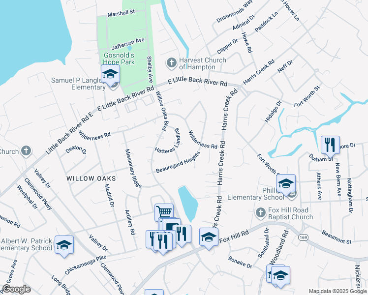 map of restaurants, bars, coffee shops, grocery stores, and more near 18 Hatteras Landing in Hampton