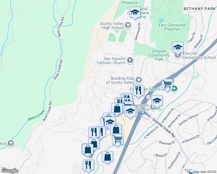 map of restaurants, bars, coffee shops, grocery stores, and more near 224 Hacienda Drive in Scotts Valley