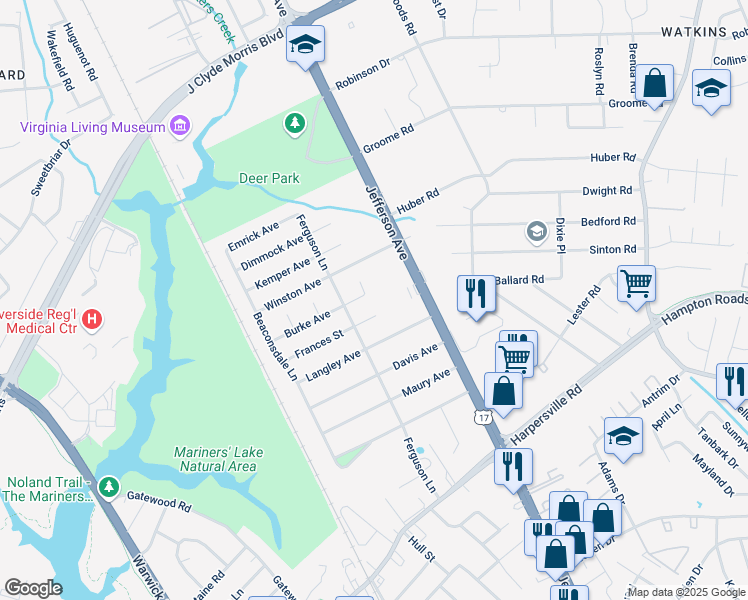 map of restaurants, bars, coffee shops, grocery stores, and more near 2 Joyce Circle in Newport News