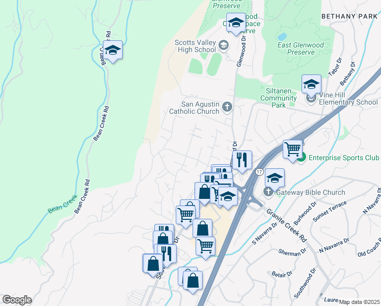 map of restaurants, bars, coffee shops, grocery stores, and more near 224 Hacienda Drive in Scotts Valley