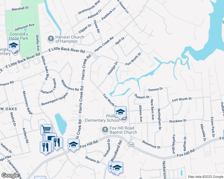 map of restaurants, bars, coffee shops, grocery stores, and more near 119 Alamo Court in Hampton