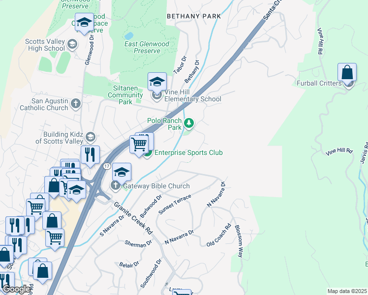 map of restaurants, bars, coffee shops, grocery stores, and more near 211 Creekside Court in Scotts Valley