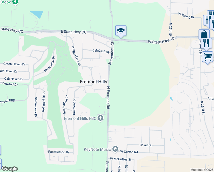 map of restaurants, bars, coffee shops, grocery stores, and more near 4805 Fremont Road in Nixa