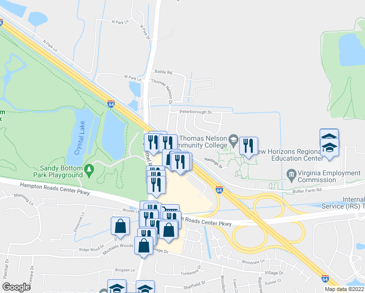 map of restaurants, bars, coffee shops, grocery stores, and more near 2 Scarborough Drive in Hampton