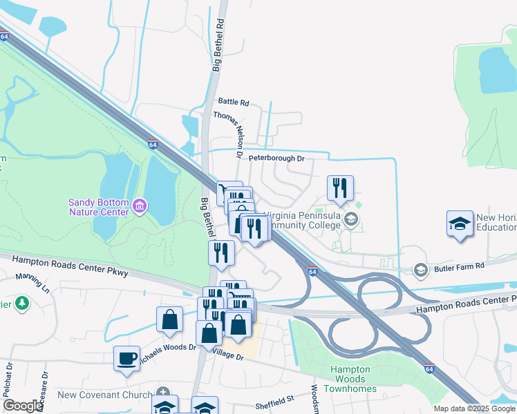 map of restaurants, bars, coffee shops, grocery stores, and more near 2 Scarborough Drive in Hampton