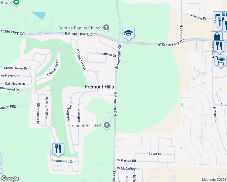map of restaurants, bars, coffee shops, grocery stores, and more near 4807 Fremont Road in Nixa