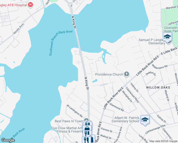 map of restaurants, bars, coffee shops, grocery stores, and more near 1821 Olde Buckingham Road in Hampton