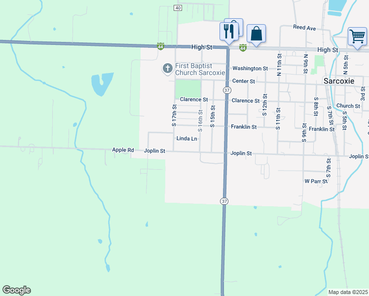 map of restaurants, bars, coffee shops, grocery stores, and more near 1606 Linda Ln in Sarcoxie