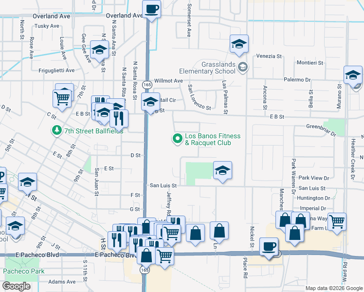 map of restaurants, bars, coffee shops, grocery stores, and more near 1520 Racquet Club Drive in Los Banos