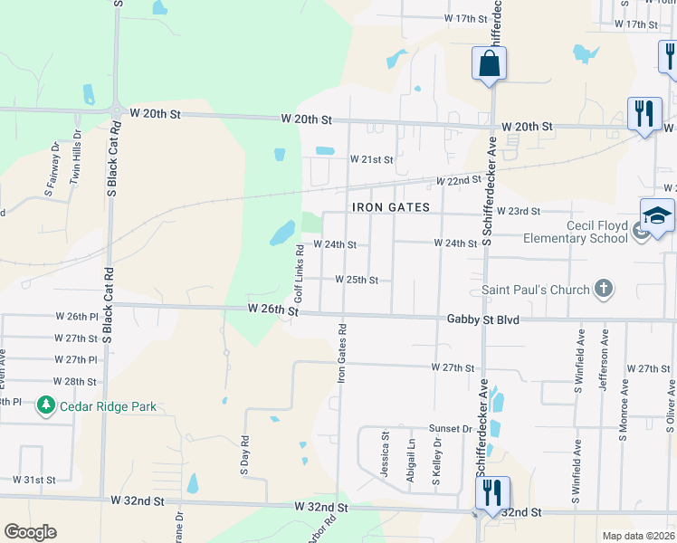 map of restaurants, bars, coffee shops, grocery stores, and more near 2404 Iron Gates Road in Joplin