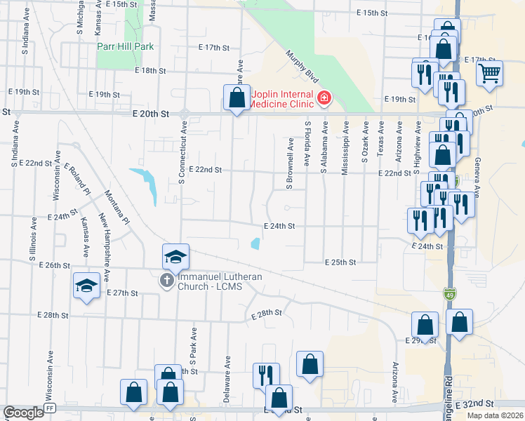 map of restaurants, bars, coffee shops, grocery stores, and more near 2230 South Patterson Avenue in Joplin